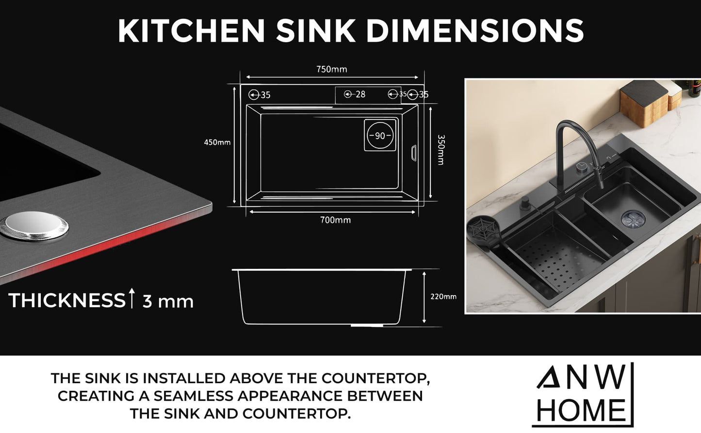 Waterfall steel sink with digital display 7546D2 Graphite Decor