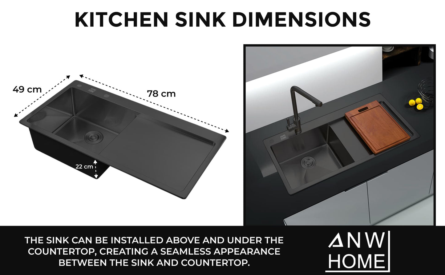 Stainless Steel Sink 7849L PVD Graphite with Drainboard