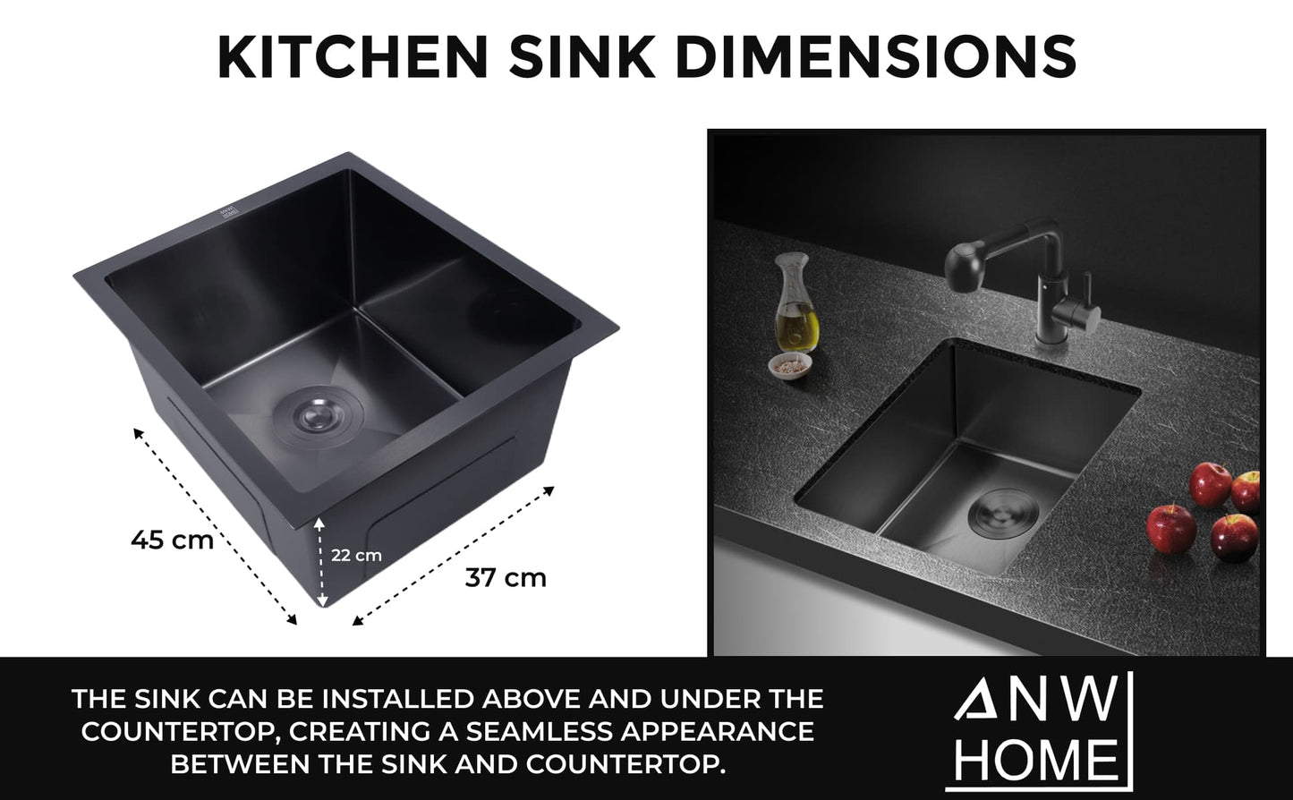 stainless steel kitchen sink color black size 37x45 with dimensions