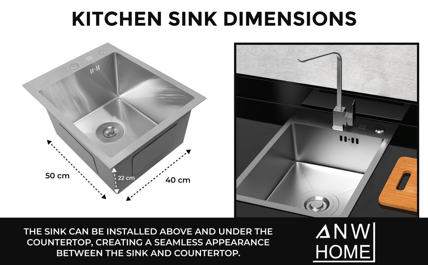 stainless steel kitchen sink color silver size 40x50 with dimensions