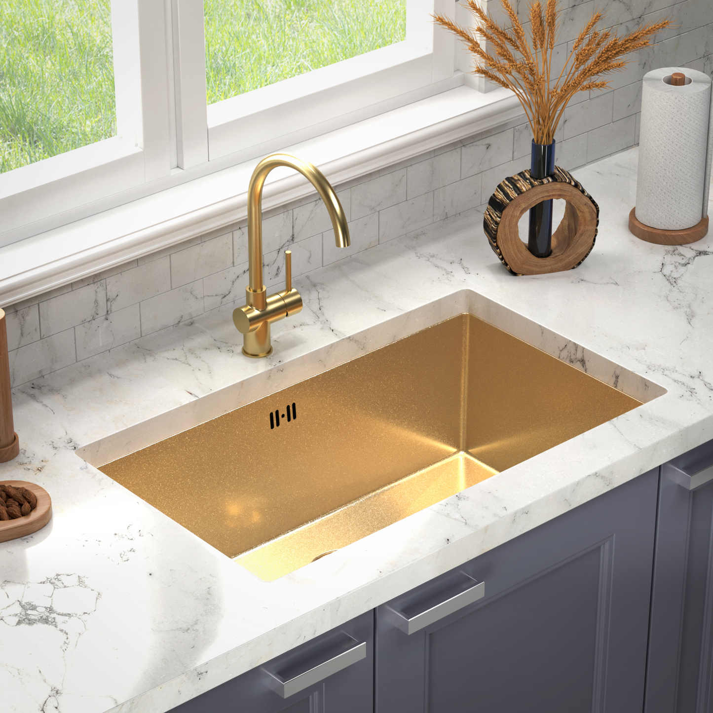 ANW HOME Spülbecken Küche 1 Becken Unterbau Spülbecken Edelstahl 304 74x44 cm Gold PVD Nano-Beschichtung Stärke 3+1 mm mit Siphon