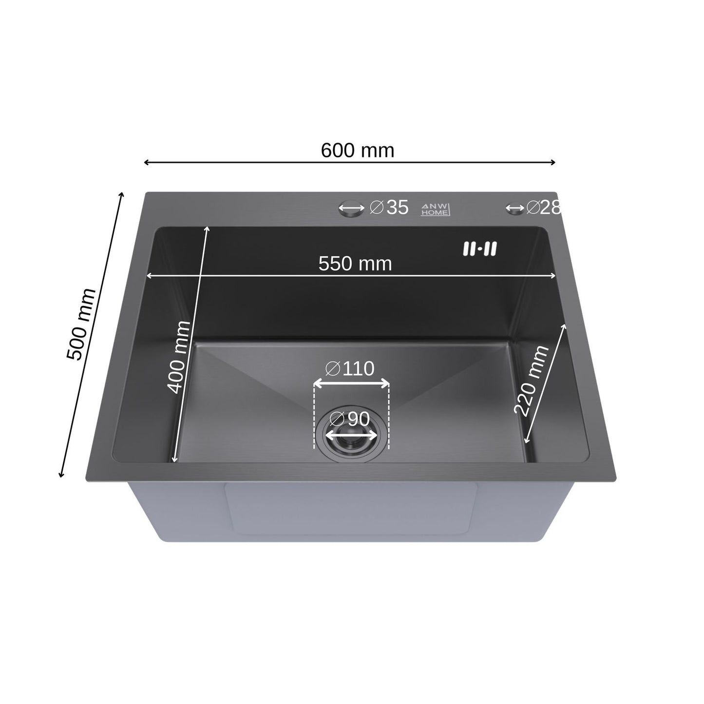 ANW HOME kuchyňský dřez, jednodřez, nerezová ocel 60x50 cm, grafit, nano povrch, tloušťka 3,0/1 mm, hloubka 22 cm, horní montáž, se sifonem