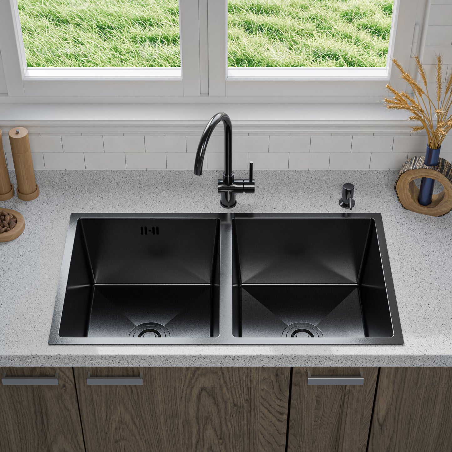 ANW HOME Evier Cuisine Inox, Evier Cuisine 2 Bacs Sous Plan 80x45 cm, Acier Inox 304, Graphite PVD, Nano-Revêtement, Épaisseur 3,0/1 mm, avec Siphon