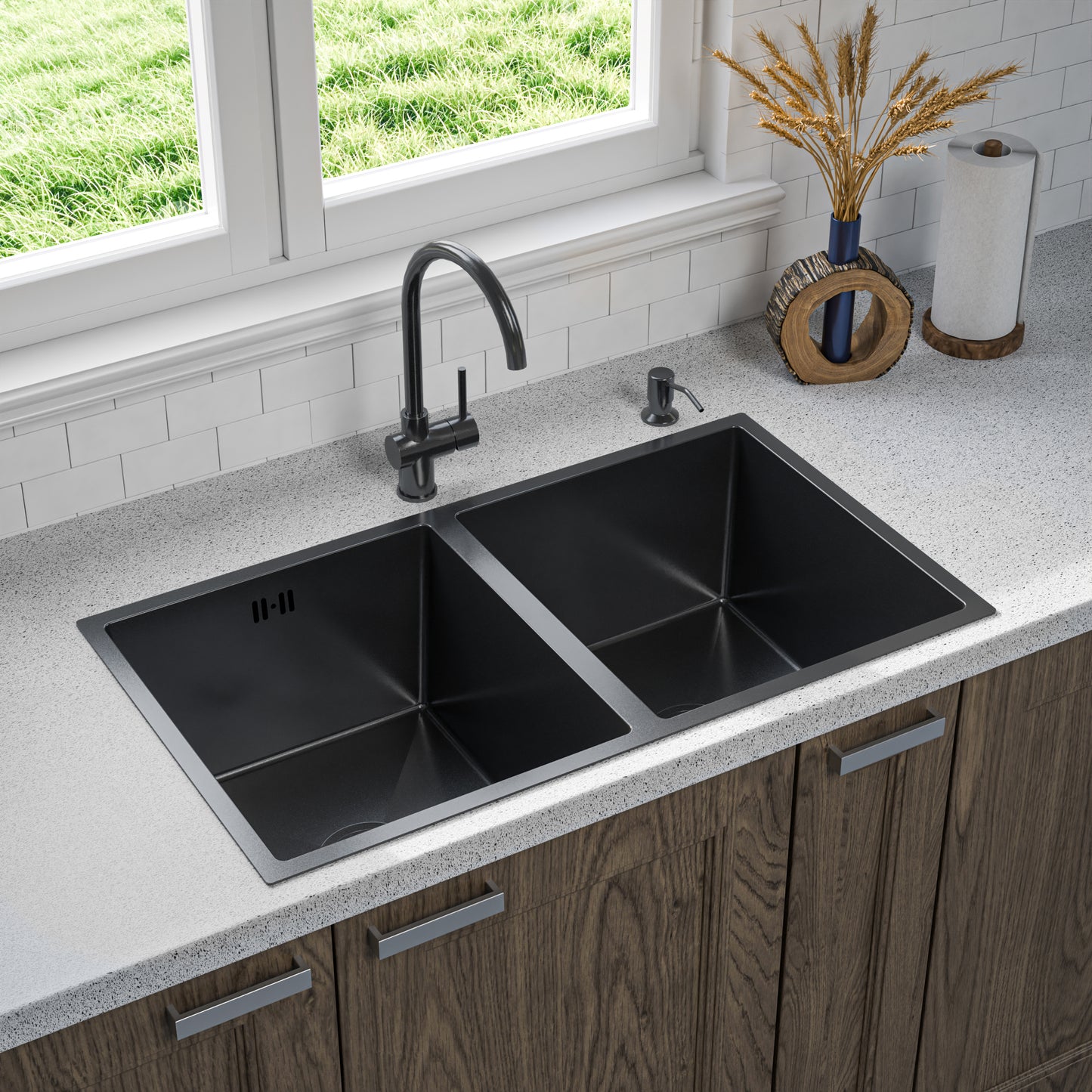 ANW HOME Evier Cuisine Inox, Evier Cuisine 2 Bacs Sous Plan 80x45 cm, Acier Inox 304, Graphite PVD, Nano-Revêtement, Épaisseur 3,0/1 mm, avec Siphon