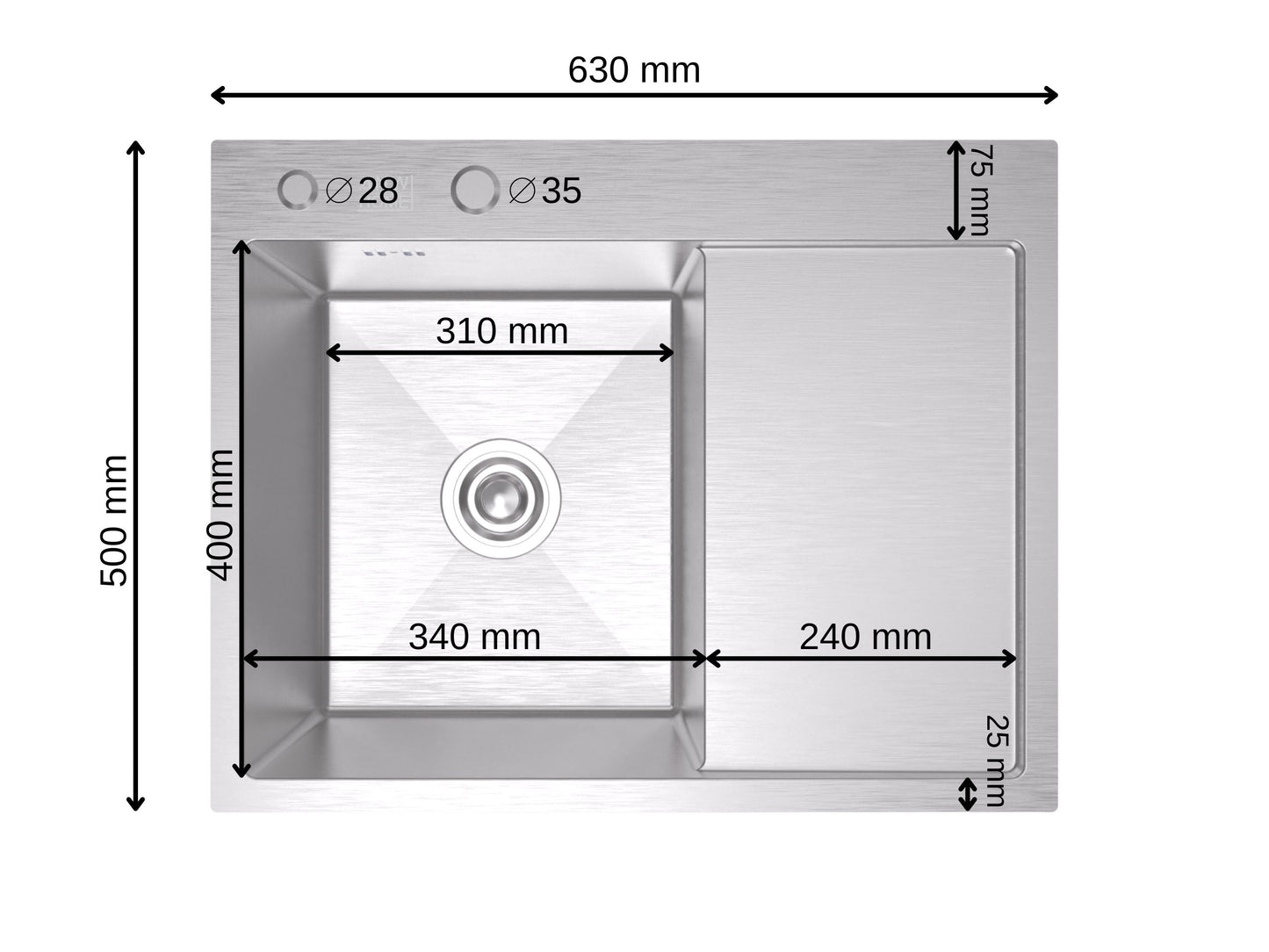 ANW HOME Edelstahlspüle mit Abtropffläche 63×50×22 cm Links (L) 304 Edelstahl