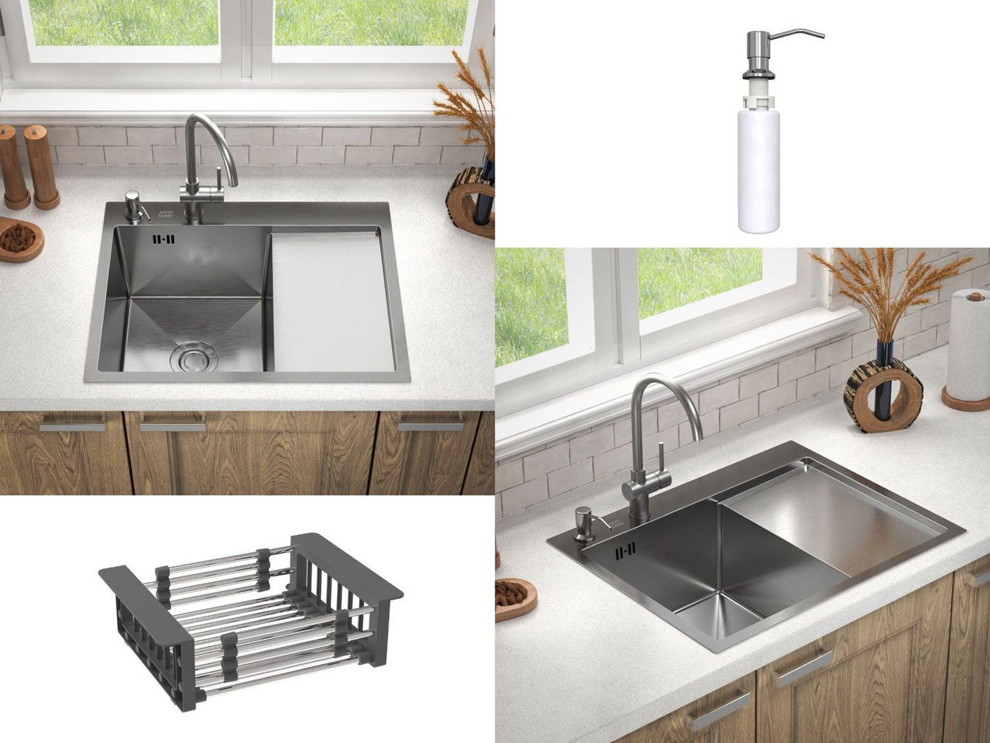 ANW HOME Kitchen Sink, Stainless Steel, Single Bowl Kitchen Sink with Drainer, Inset 63x50 cm, Silver, Nano Finish, Thickness 3.0+1 mm, 22 cm Deep, with Siphon, Soap Dispenser and Basket