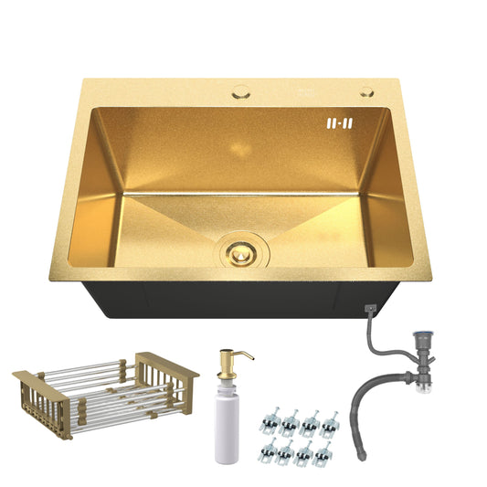 Single Bowl Kitchen Sink 65x45x22 cm Gold Finish – Strainer, Siphon, Soundproofing, Top-mount