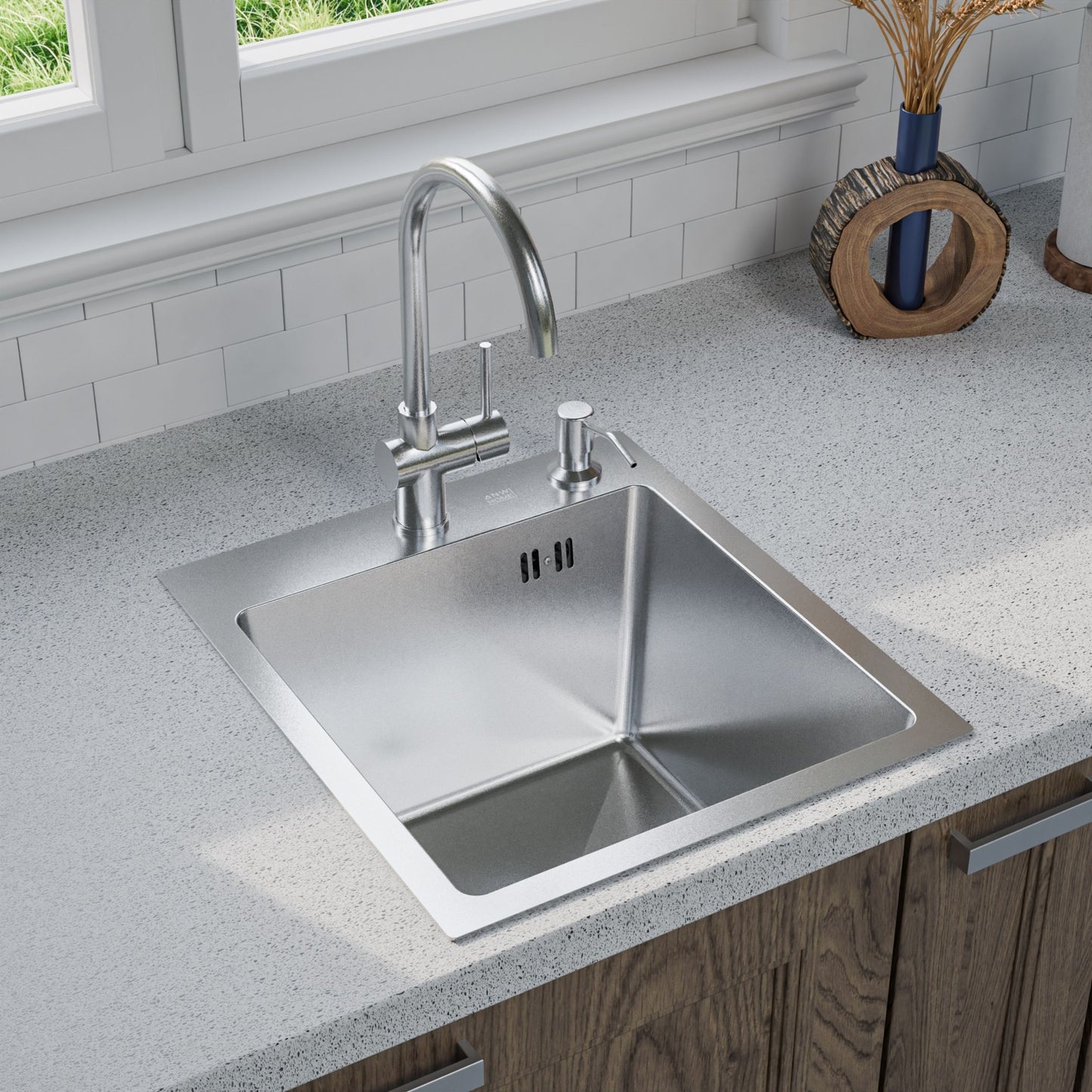 ANW HOME Spülbecken, Küchenspüle aus Edelstahl, 40x45 cm, Einbauspüle 1 Becken, mit Nano-Beschichtung, Stärke 3.0+1 mm, mit Siphon und Seifenspender