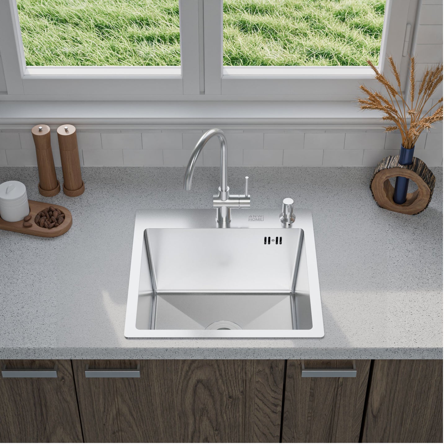 ANW HOME Lavandino Cucina, Lavello Cucina 1 Vasca 46x45 cm in Acciaio Inox con Finitura Nano, Spessore 3.0+1 mm, da Incasso, Argento, con Sifone, Dosatore e Cestello