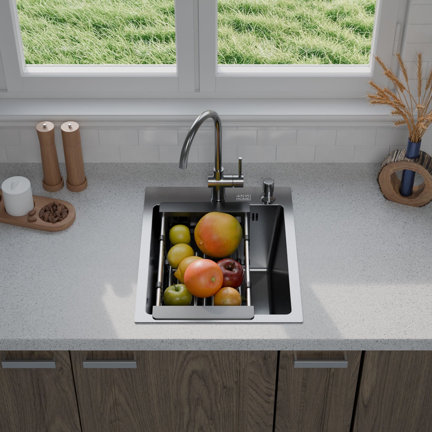 ANW HOME Fregadero Cocina 1 Seno Sobre Encimera, Fregadero Cocina Acero Inoxidable 304 40x50 cm, Grafito PVD, Acabado Nano, Grosor 3,0/1 mm, con Sifón, Dosificador y Cesta