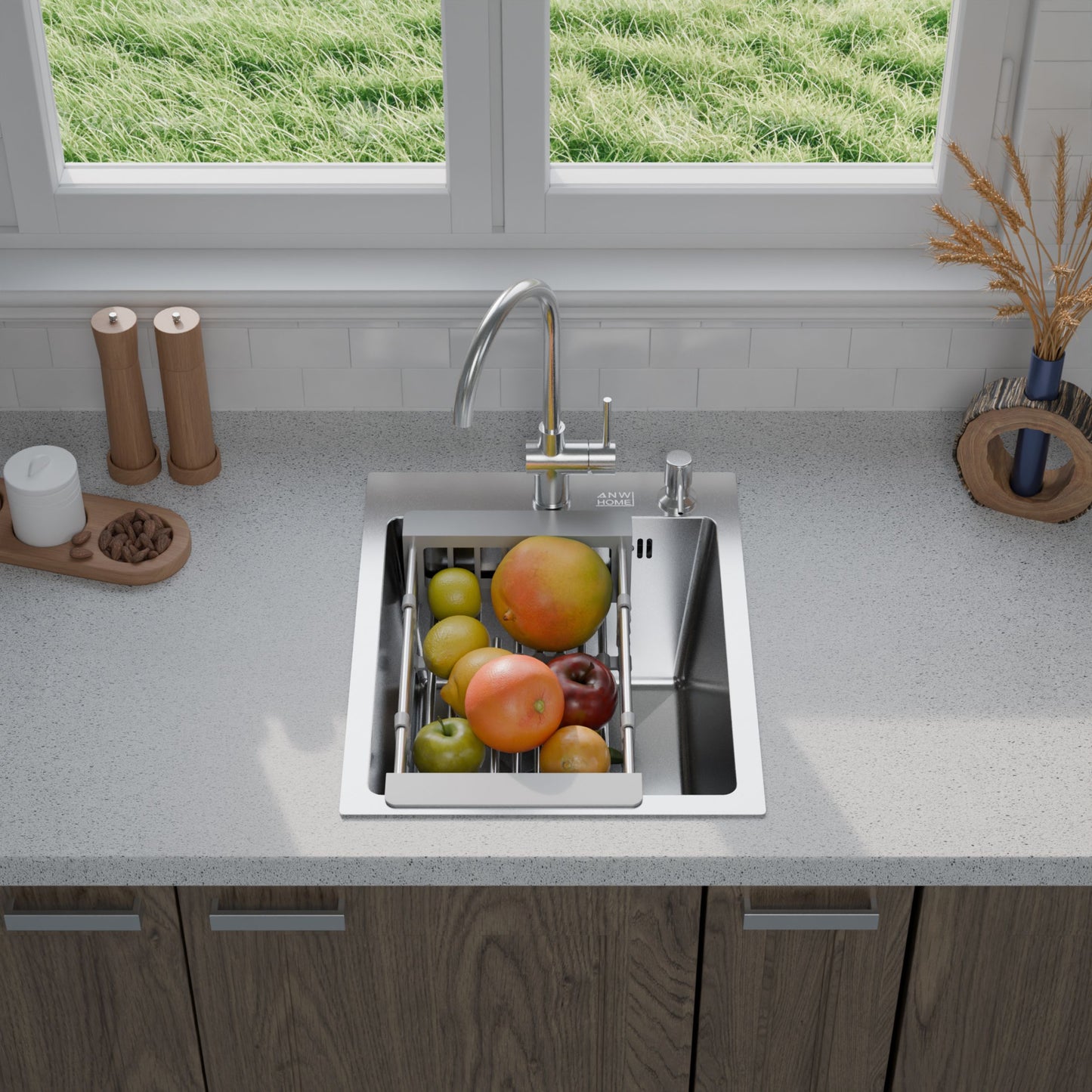ANW HOME Lavello Cucina 1 Vasca, Lavello Acciaio Inox da Incasso 40 x 50 cm, Argento, Finitura Nano, Spessore 3,0/1 mm, Profondità 22 cm, con Sifone e Dosatore