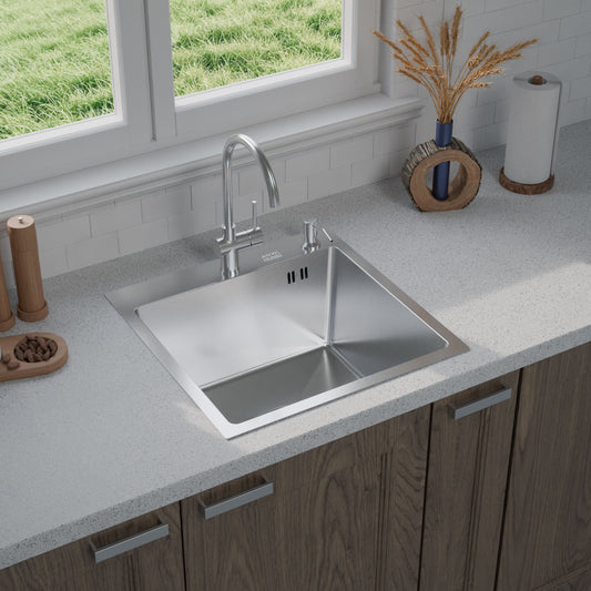 ANW HOME nerūdijančio plieno virtuvės plautuvė, vieno dubens virtuvės plautuvė 50 x 50 cm, įleidžiama, sidabrinė, nano danga, storis 3,0/1 mm, 22 cm dubens gylis, su nutekėjimo rinkiniu ir muilo dozatoriumi