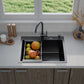 ANW HOME Spülbecken Edelstahl Küchenspüle Einbauspüle 1 Becken 60x50 cm Schwarz Piano-Oberfläche, Materialstärke 3,0/1 mm, mit Siphon, Seifenspender und Korb