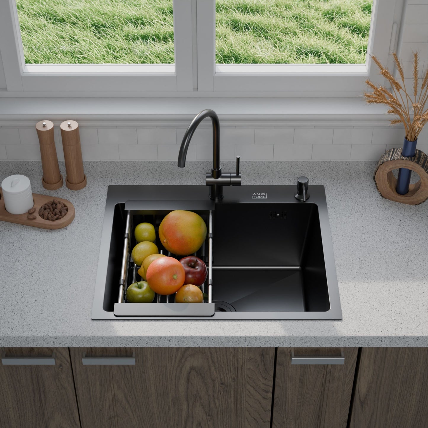 ANW HOME Spülbecken Edelstahl Küchenspüle Einbauspüle 1 Becken 60x50 cm Schwarz Piano-Oberfläche, Materialstärke 3,0/1 mm, mit Siphon, Seifenspender und Korb