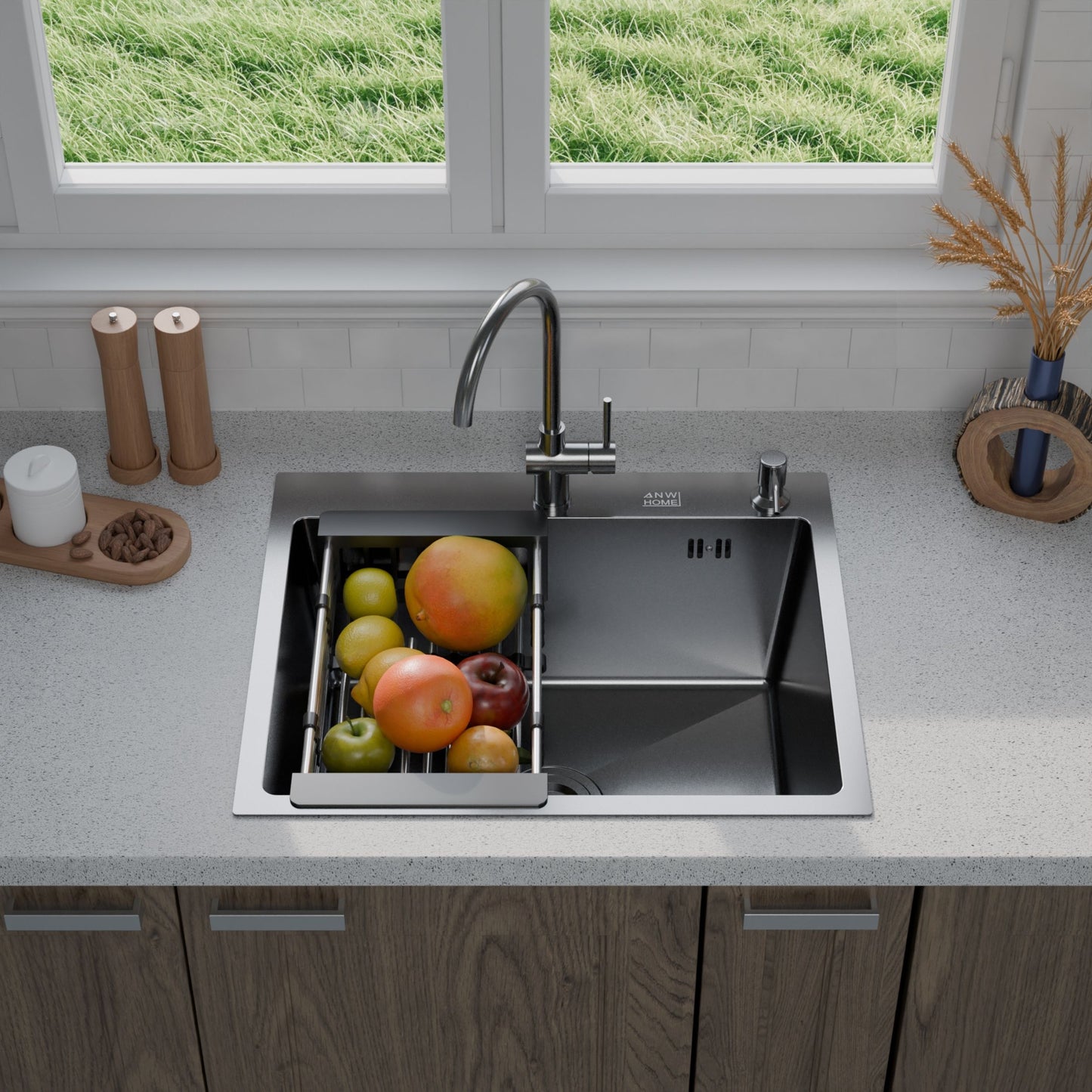 ANW HOME chiuvetă de bucătărie, chiuvetă cu o singură cuvă, oțel inoxidabil 60x50 cm, grafit, strat nano, grosime 3,0/1 mm, adâncime 22 cm, montaj pe blat, cu sifon