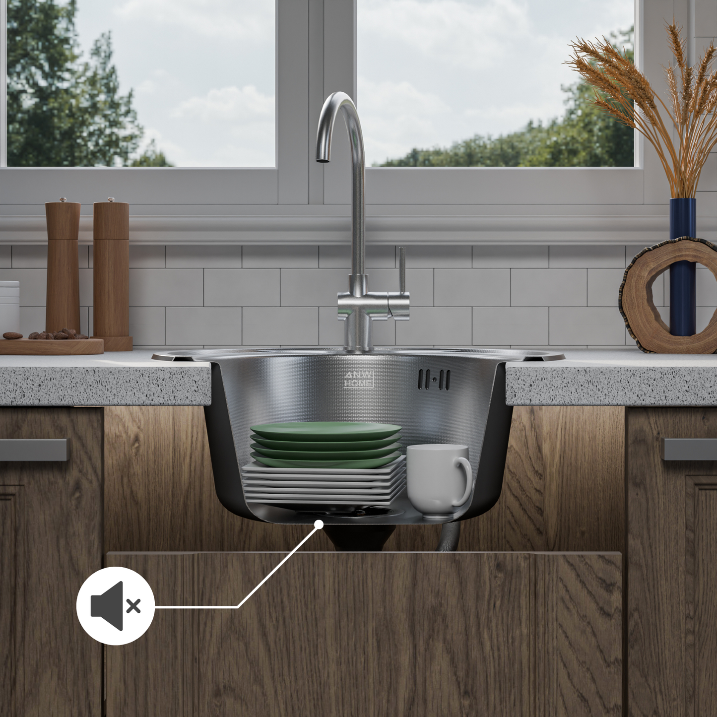 ANW HOME Spülbecken Küche, Küchenspüle Edelstahl 1 Becken, Einbauspüle Rund  49 cm, Silber, Anti-Kratz-Oberfläche, Stärke 1 mm, 18 cm Tiefe, mit Siphon