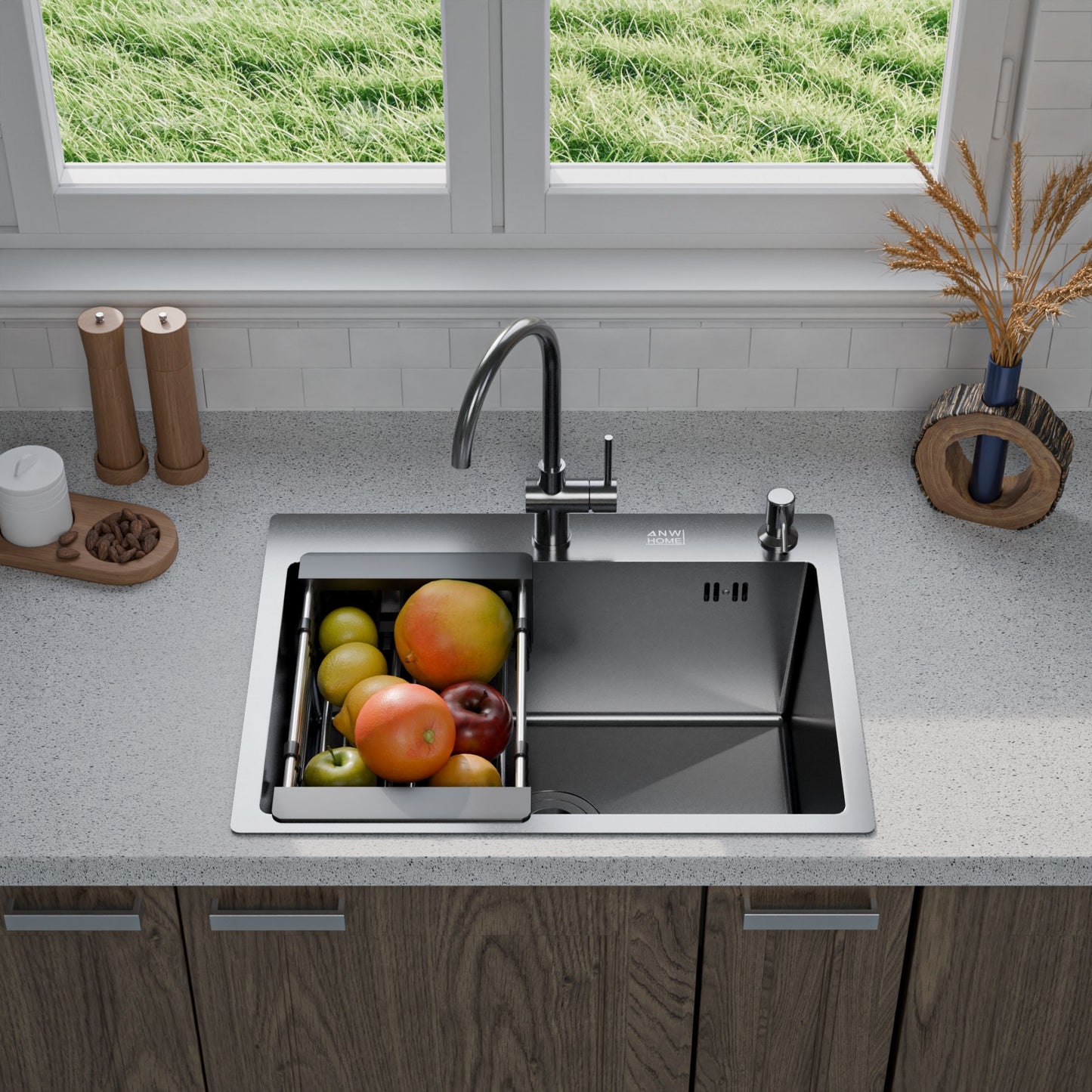 ANW HOME Spülbecken Küchenspüle Einbauspüle 60x45 cm, Edelstahl Spülbecken , Graphit PVD mit Nano-Beschichtung, Stärke 3,0+1 mm, mit Siphon Seifenspender und Korb