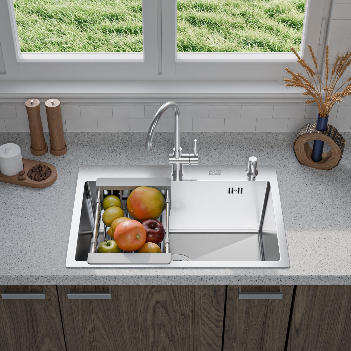 ANW HOME Spülbecken Küchenspüle 65x45 cm, Einbauspüle Edelstahl in Silber, Spüle  mit Nano-Oberfläche, Stärke 3,0+1 mm, mit Siphon Seifenspender und Korb