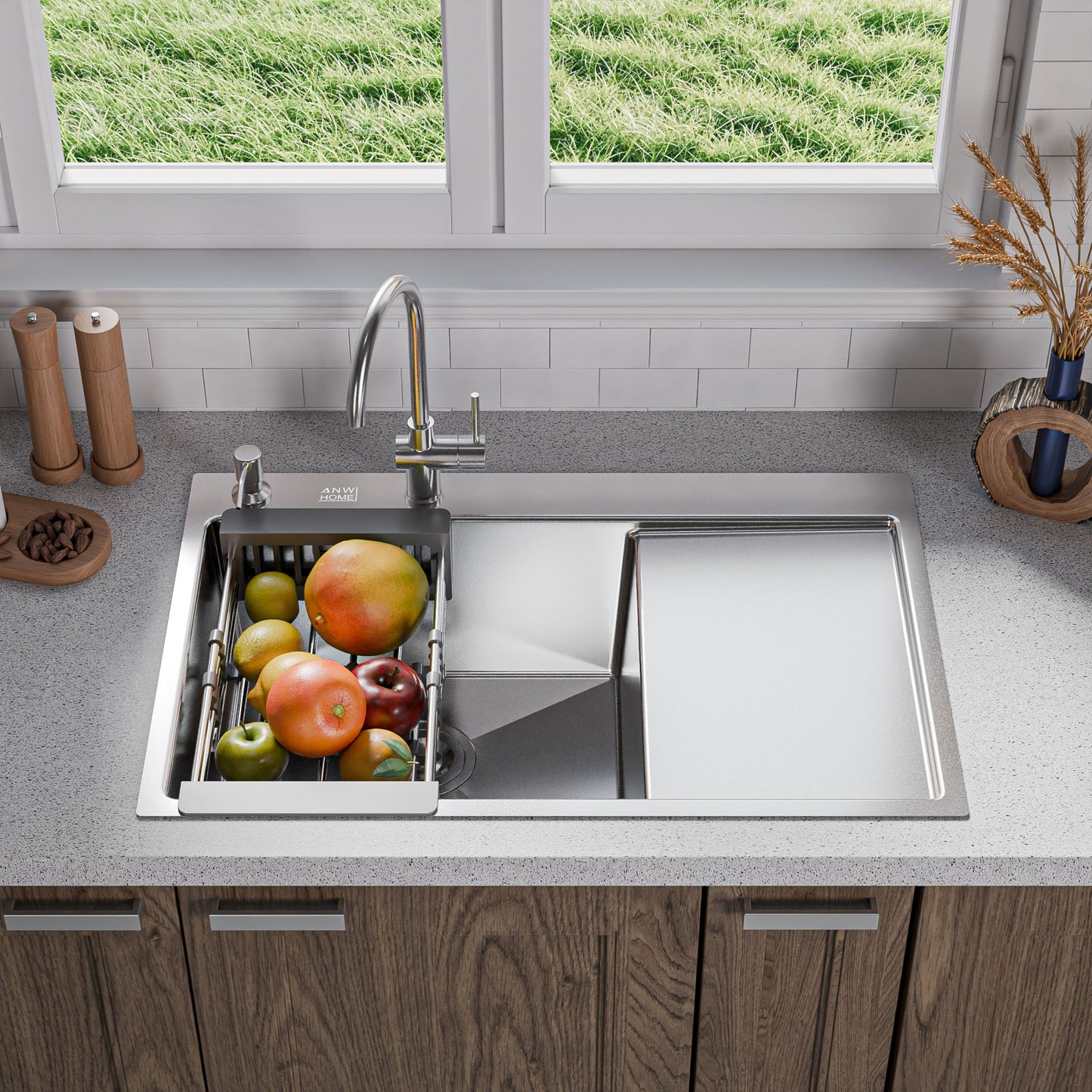 ANW HOME Fregadero Cocina 1 Seno, sobre Encimera con Escurridor, Fregadero Cocina Acero Inoxidable 304, 78x50 cm, Plata, Acabado Nano, Grosor 3,0/1 mm, con Sifón y Dispensador