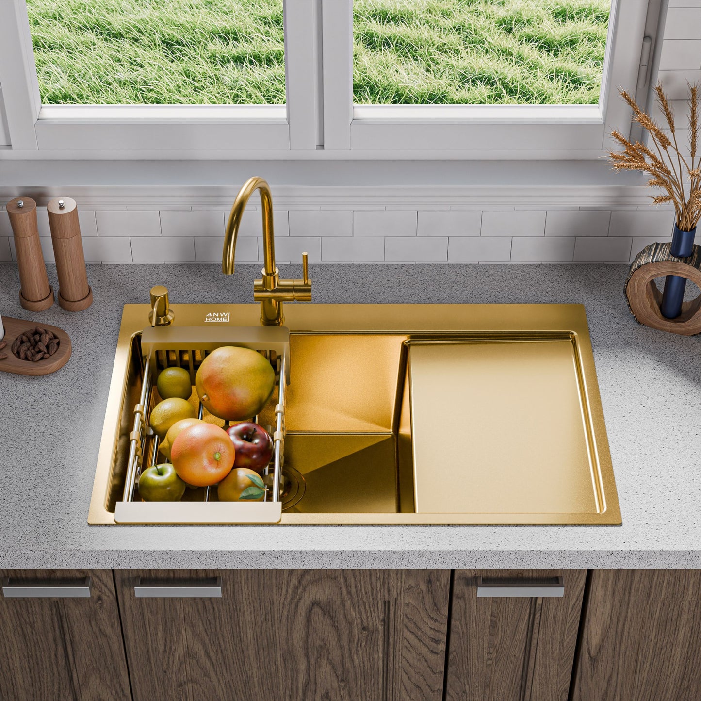 ANW HOME Spülbecken Küchenspüle Einbauspüle 1 Becken mit Abtropffläche Edelstahl 304 78x50 cm Gold PVD Nano-Beschichtung Stärke 3,0+1 mm mit Siphon, Seifenspender und Korb