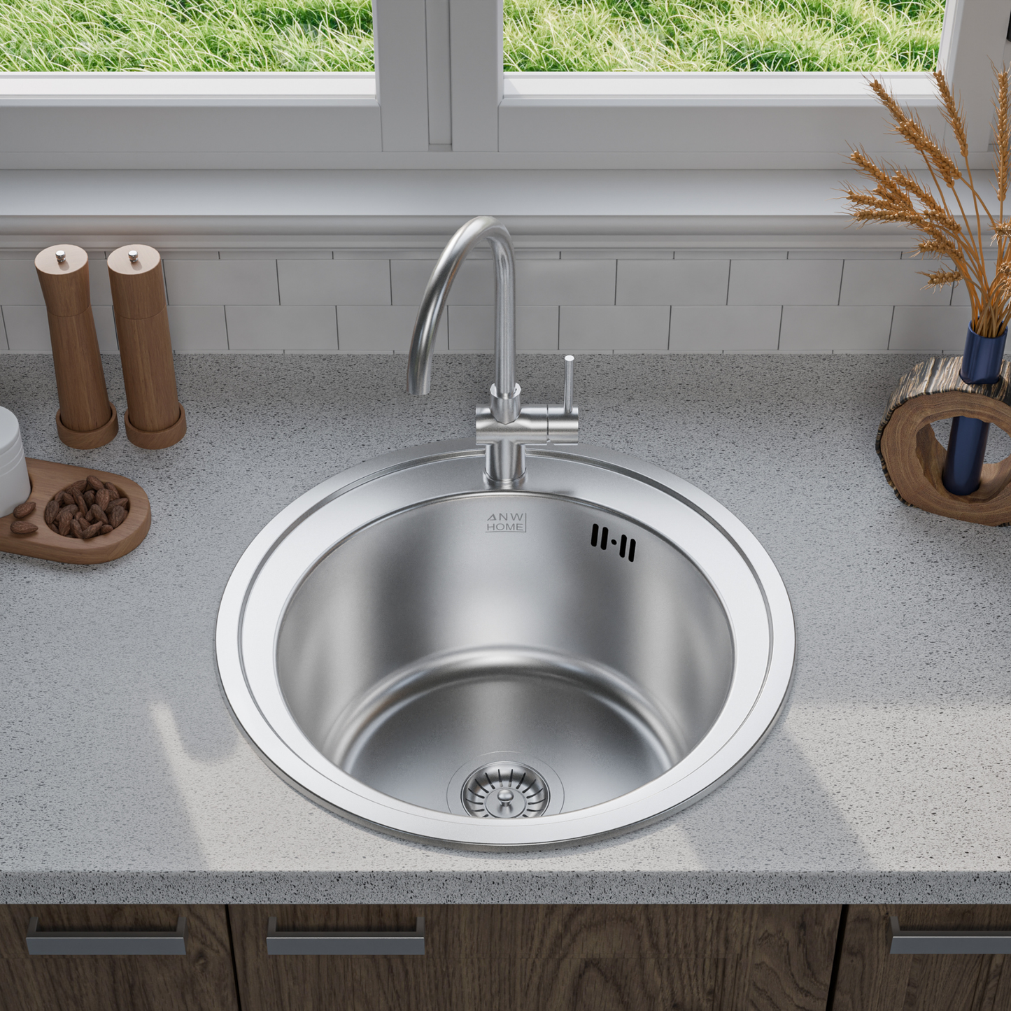 ANW HOME Spülbecken Küche, Einbauspüle Edelstahl 201, Spülbecken Edelstahl Rund Ø51 cm ohne Abtropffläche, Silber, Satinierte Oberfläche, Stärke 1 mm, 20 cm Tief, mit Siphon