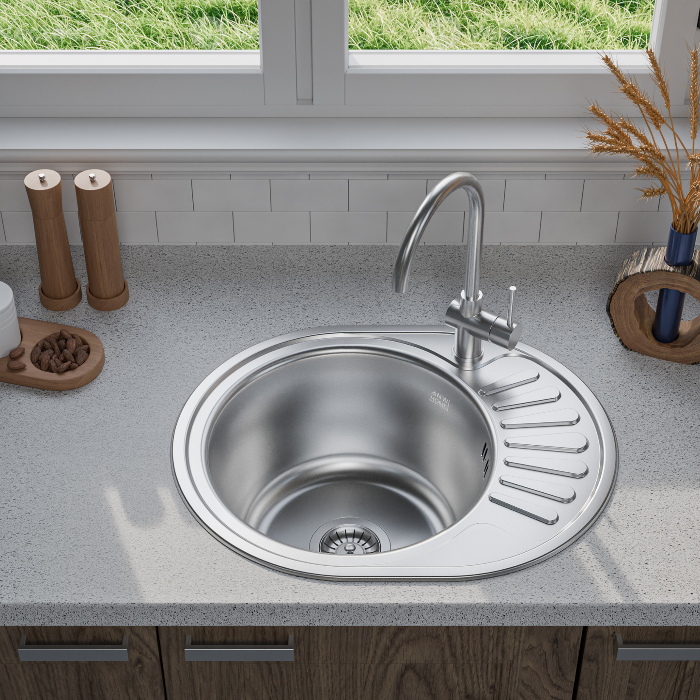 ANW HOME Fregadero Cocina 1 Seno Fregadero sobre Encimera con Escurridor Acero Inoxidable 201 57x45 cm Plata Acabado Satinado Grosor 0,6 mm con Sifón
