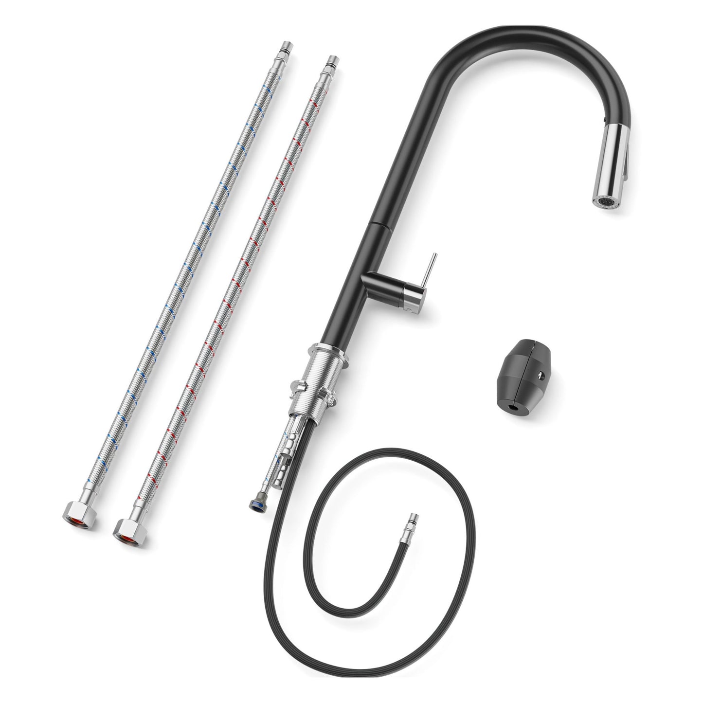 ANW HOME High-Arc Black & Chrome Kitchen Faucet with Pull-Out Spout and 360° Rotation – 455 mm