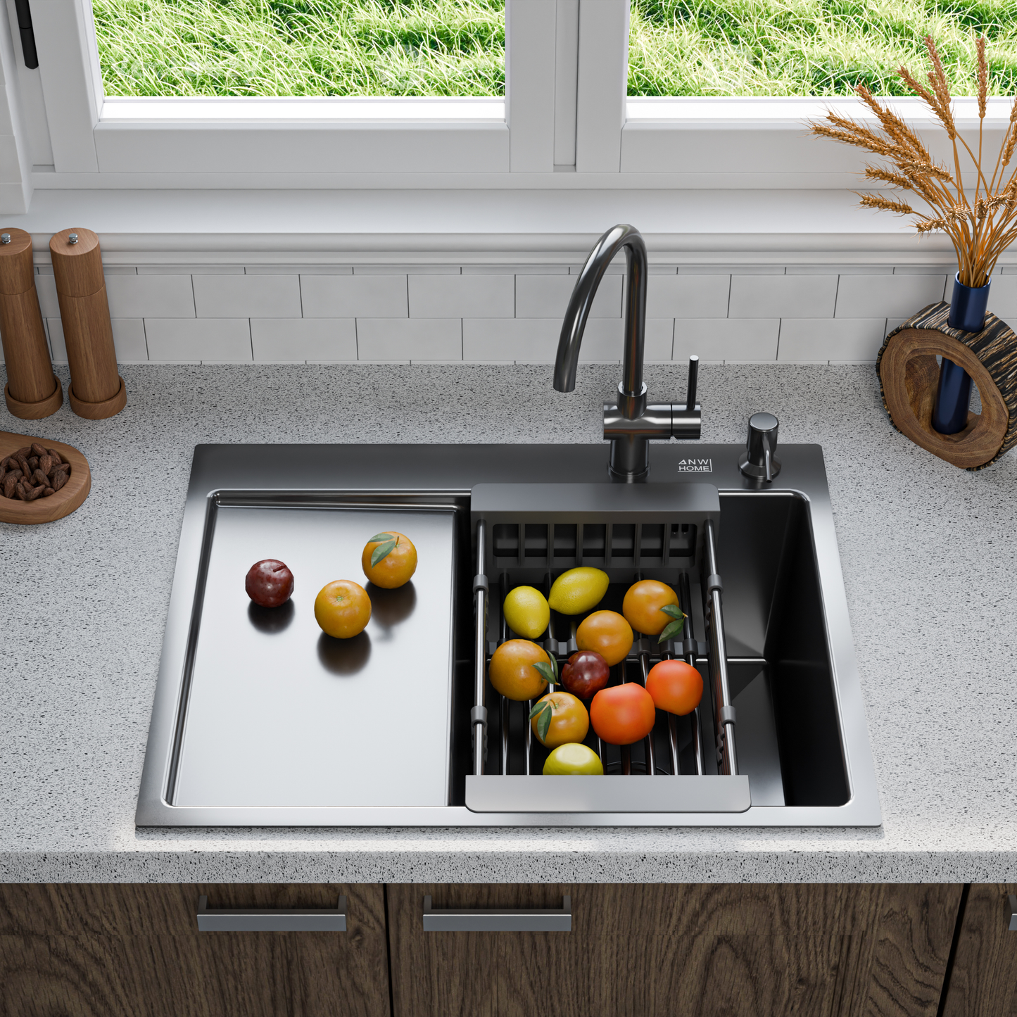 ANW HOME kuchyňský dřez z nerezové oceli 304, jednodřez pro inset montáž s odkapávačem 63x50 cm, grafit PVD, nano povrch, tloušťka 3+1 mm, hloubka vany 22 cm, s odtokovou sadou