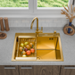 ANW HOME Fregadero Cocina 1 Seno Sobre Encimera, Fregadero Cocina Acero Inoxidable 304, 60x50 cm, Oro PVD, Nano-Revestimiento, Grosor 3,0+1 mm, con Sifón, Dosificador de Jabón y Cesta