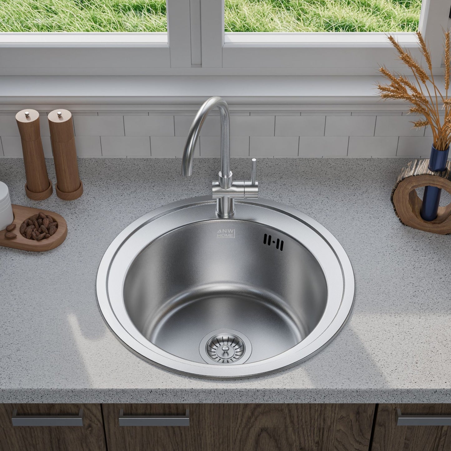ANW HOME Spülbecken Küche, Küchenspüle Edelstahl 1 Becken, Einbauspüle Rund Ø51 cm, Edelstahl 201, Silber, Anti-Kratz Oberfläche, Stärke 1 mm, mit Siphon