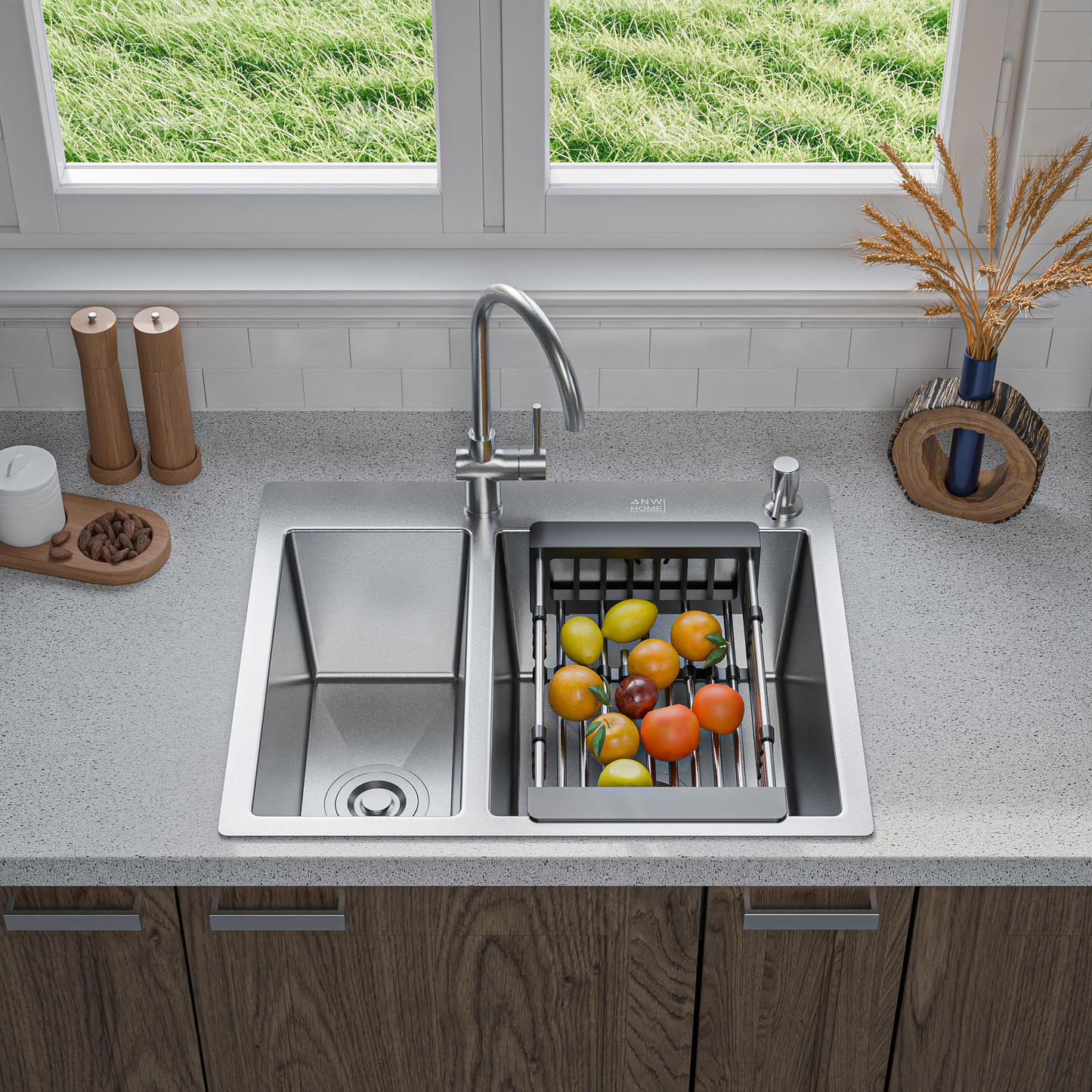 ANW HOME Evier Cuisine 2 Bacs à Encastrer, Évier Inox 304, 61x51 cm, Argent, Finition Nano, Épaisseur 3,0+1 mm, avec Siphon, Distributeur de Savon et Panier