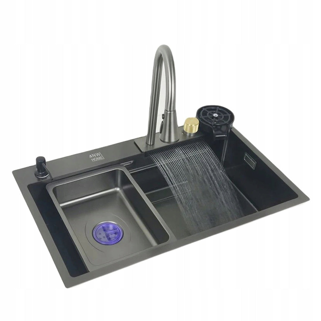 ANW HOME Küchenspüle Einbauspüle, Spülbecken 1 Becken Multifunktion aus 304 Edelstahl, 75x45 cm, Graphit PVD, Nano Anti-Kratz, 3/1 mm, 23 cm Tief, mit Wasserfallhahn