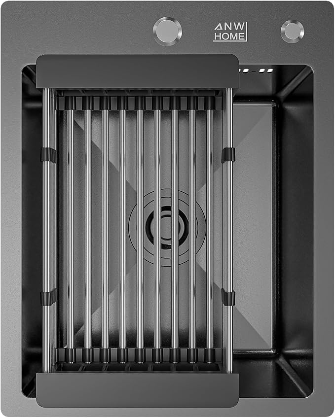 ANW HOME Fregadero Cocina 1 Seno Sobre Encimera, Fregadero Cocina Acero Inoxidable 304 40x50 cm, Grafito PVD, Acabado Nano, Grosor 3,0/1 mm, con Sifón, Dosificador y Cesta