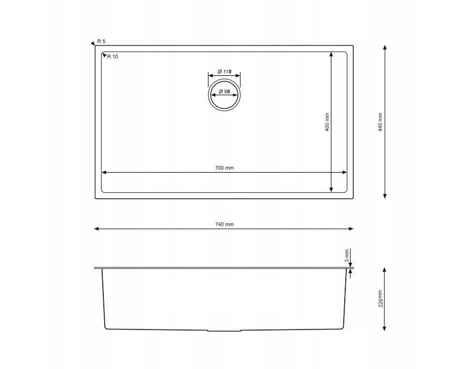 ANW HOME HD-7444B Kitchen Sink, Stainless Steel, PVD Coating, 74x44x21 cm, Undermount Installation, Graphite Color