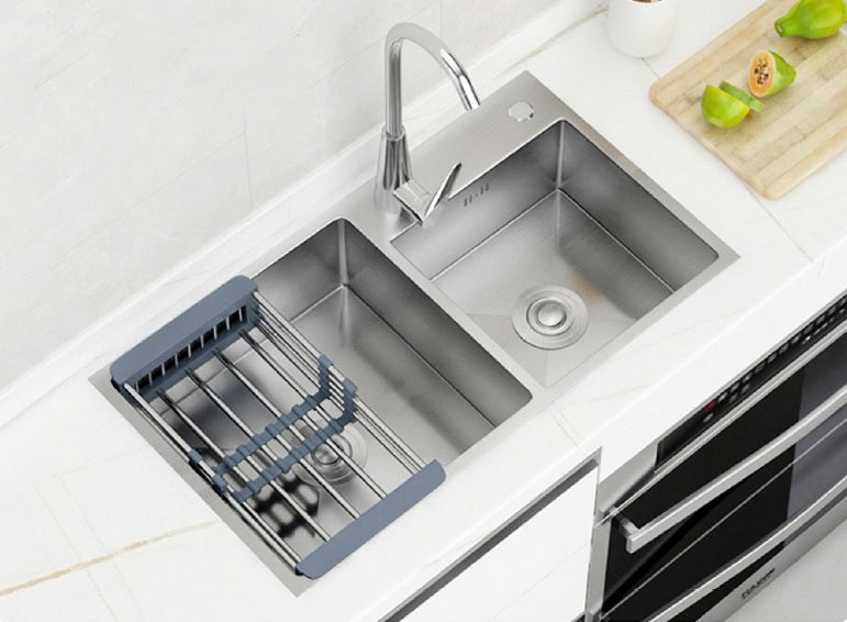 stainless steel double bowl sink color silver size 78x43 with a stainless steel sink rack