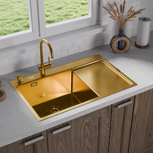 ANW HOME Spülbecken Küchenspüle Einbauspüle 1 Becken mit Abtropffläche Edelstahl 304 78x50 cm Gold PVD Nano-Beschichtung Stärke 3,0+1 mm mit Siphon, Seifenspender und Korb