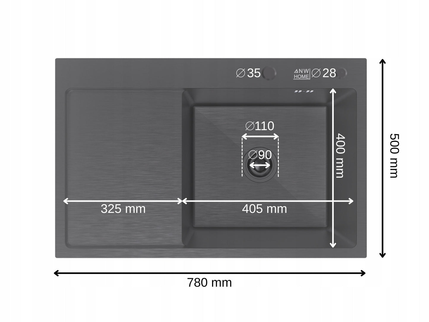 ANW HOME Graphit-Küchenspüle – 78 x 50 x 22 cm, Edelstahl, Top-Mount, Komplettset