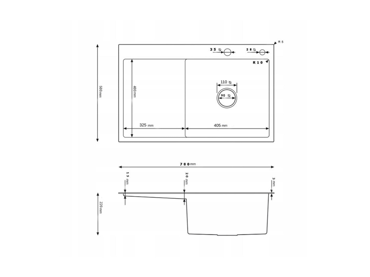 ANW HOME Graphit-Küchenspüle – 78 x 50 x 22 cm, Edelstahl, Top-Mount, Komplettset