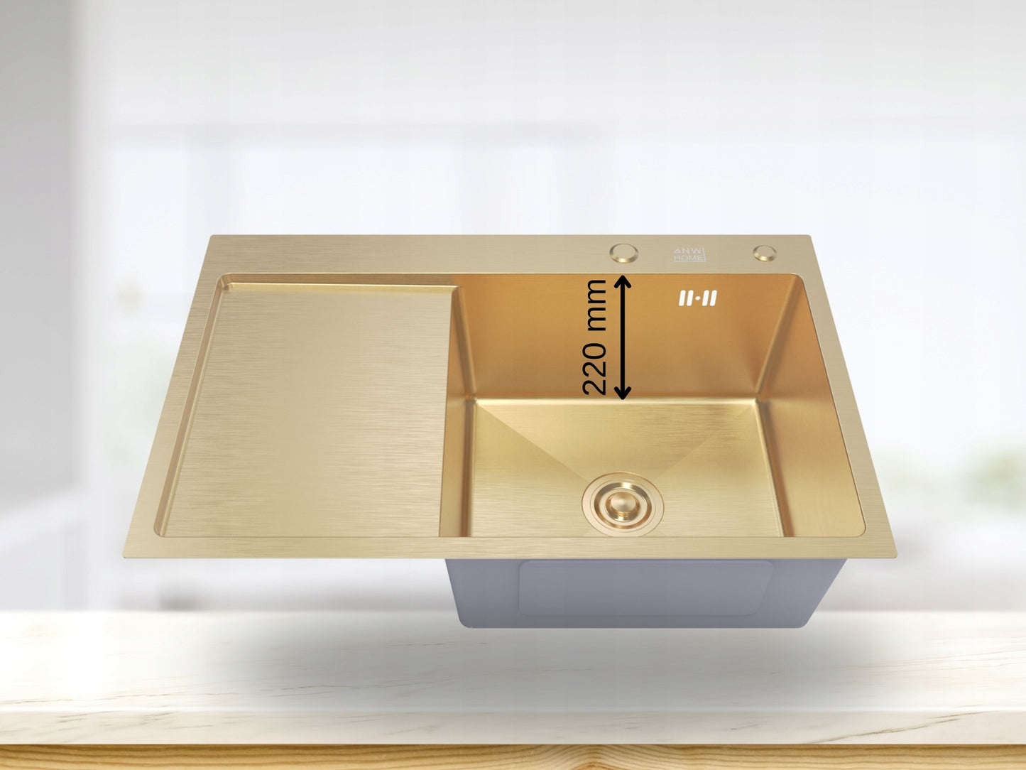 ANW HOME 78 x 50 cm Aufsatzspüle mit Einzelbecken und Abtropffläche – Gold-Finish, 220 mm tief, inkl. Zubehör