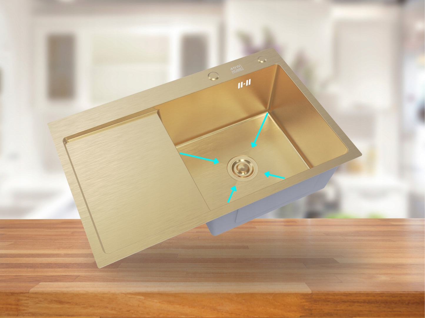 ANW HOME 78 x 50 cm Aufsatzspüle mit Einzelbecken und Abtropffläche – Gold-Finish, 220 mm tief, inkl. Zubehör