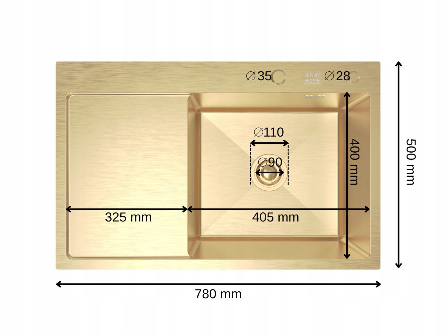 ANW HOME 78 x 50 cm Aufsatzspüle mit Einzelbecken und Abtropffläche – Gold-Finish, 220 mm tief, inkl. Zubehör