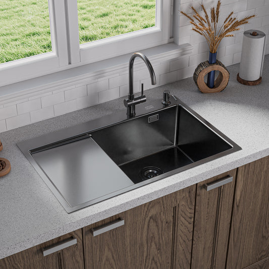 ANW HOME Spülbecken Küche, Einbauspüle Edelstahl, Küchenspüle 1 Becken mit Abtropffläche 78x50 cm, Graphit PVD, Nano-Beschichtung, Materialstärke 3,0+1 mm