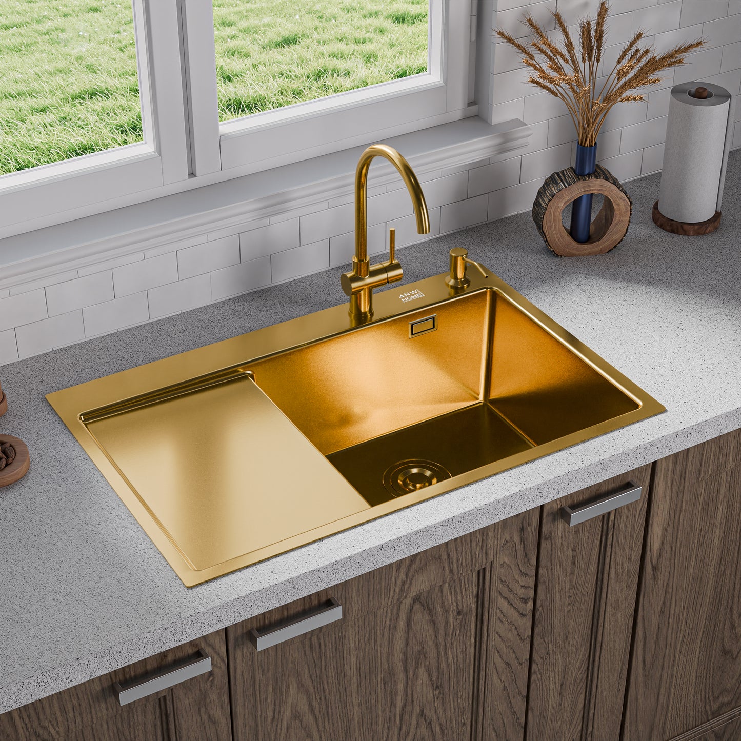 ANW HOME Evier Cuisine 1 Bac avec Égouttoir, Evier Inox à Encastrer 304, 78x50 cm, Or PVD, Finition Nano, Épaisseur 3,0+1 mm