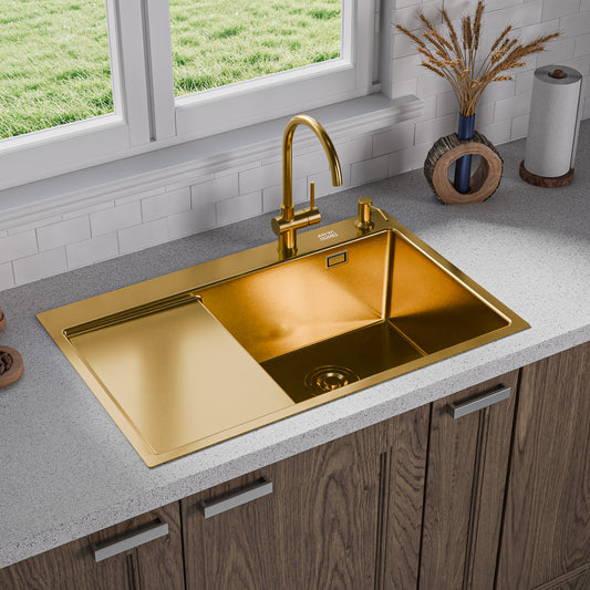 ANW HOME Spülbecken Küche, Küchenspüle Einbauspüle mit Abtropffläche, Spülbecken Edelstahl 304, 78x50 cm, Gold, Nano-Beschichtung, Stärke 3,0+1 mm