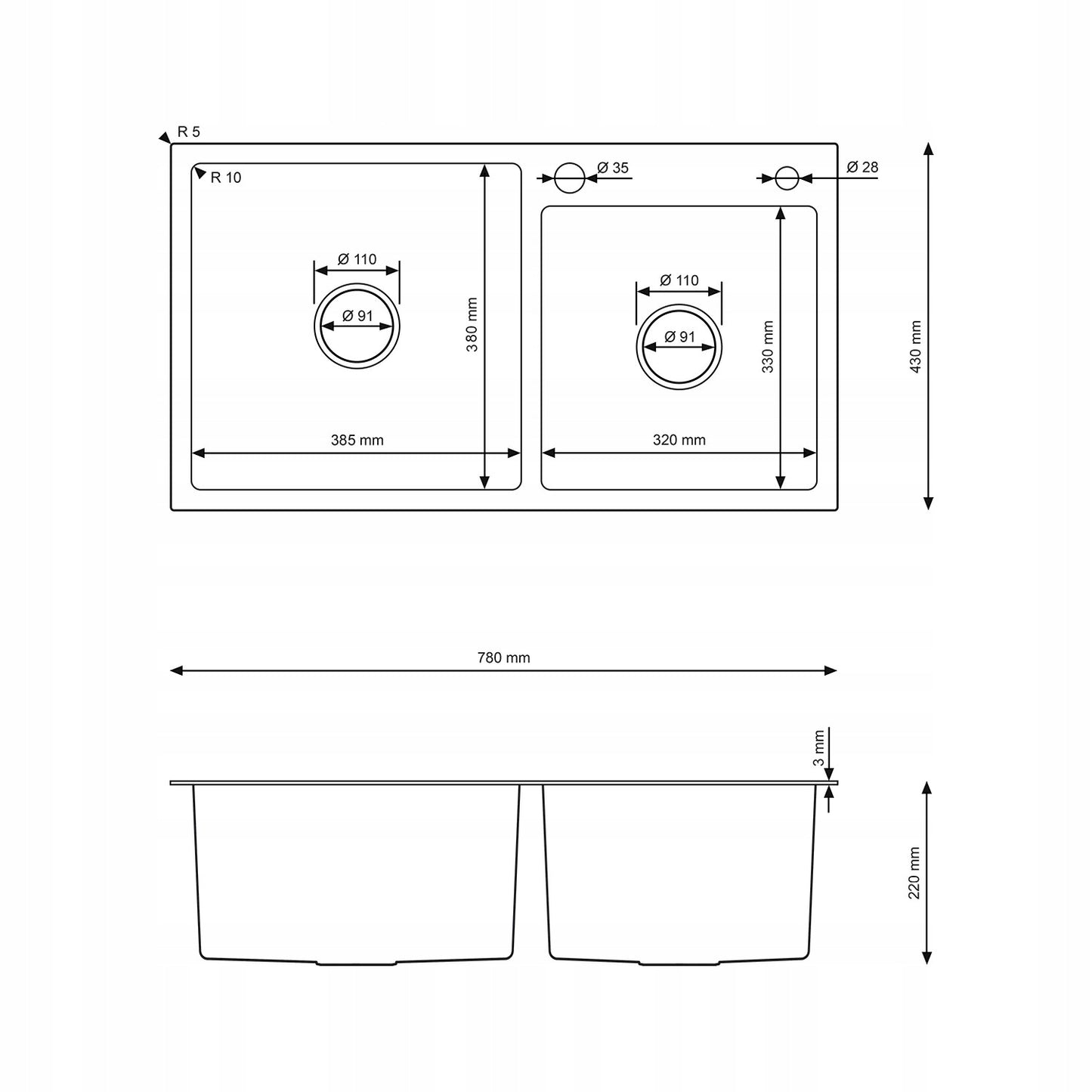 Top-Mount Double Bowl Kitchen Sink 78x43 cm – Gold PVD Stainless Steel, Full Set