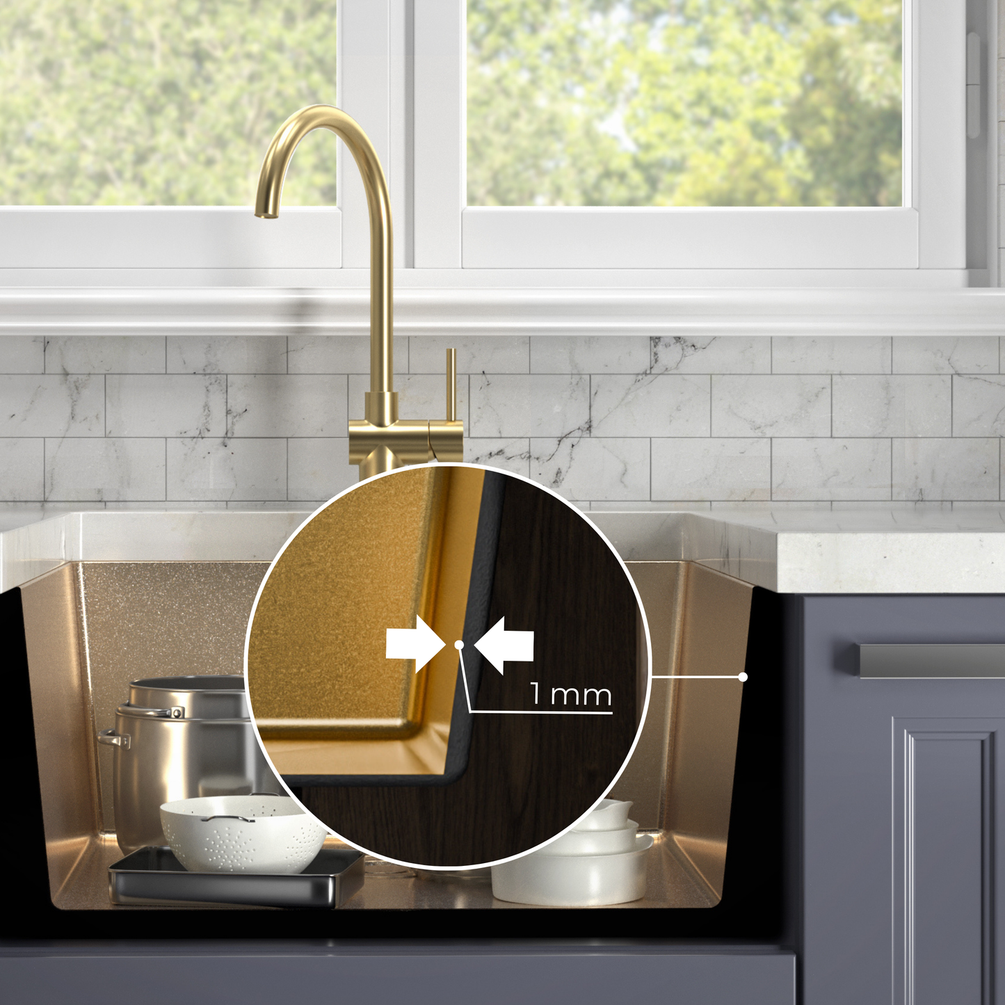 ANW HOME Lavello Cucina 1 Vasca Sottotop Lavandino Cucina Lavello Acciaio Inox 304 54x44 cm Oro PVD Rivestimento Nano Spessore 3.0/1 mm con Sifone