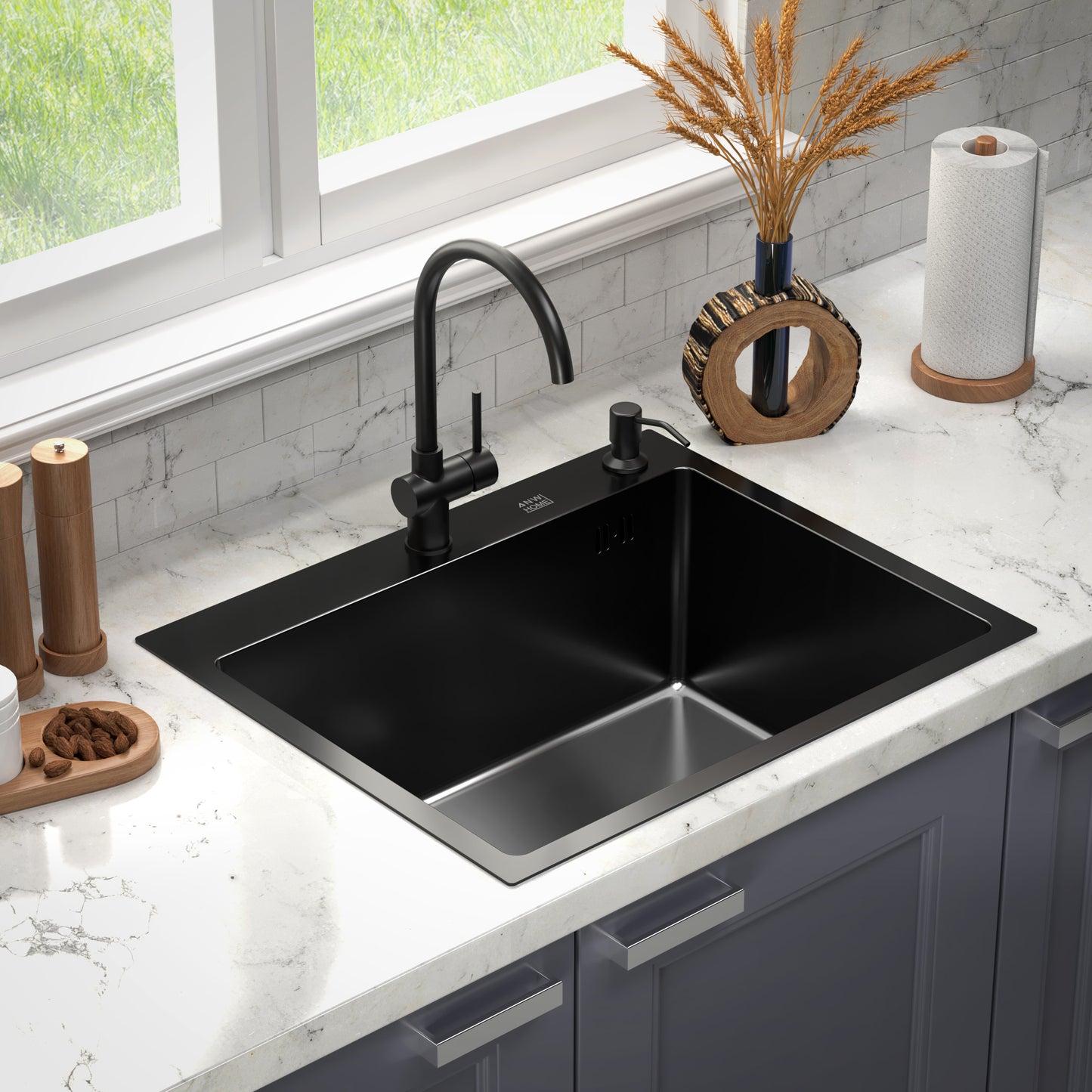 ANW HOME kuchyňský dřez, jednodřez, nerezová ocel 60x50 cm, grafit, nano povrch, tloušťka 3,0/1 mm, hloubka 22 cm, horní montáž, se sifonem