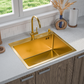 ANW HOME Fregadero Cocina 1 Seno Sobre Encimera, Fregadero Cocina Acero Inoxidable 304, 60x50 cm, Oro PVD, Nano-Revestimiento, Grosor 3,0+1 mm, con Sifón, Dosificador de Jabón y Cesta
