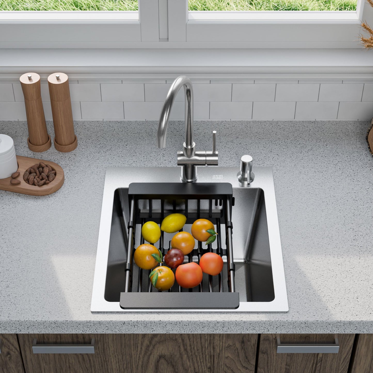 ANW HOME Spülbecken, Küchenspüle aus Edelstahl, 40x45 cm, Einbauspüle 1 Becken, mit Nano-Beschichtung, Stärke 3.0+1 mm, mit Siphon und Seifenspender