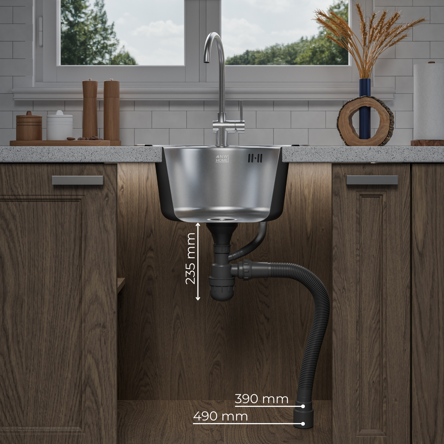 ANW HOME Spülbecken Küche Edelstahl, Küchenspüle Rund Ø49 cm, Einbauspüle, Satinierte Oberfläche, Stärke 1 mm, mit Siphon